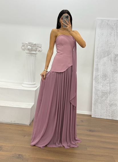 Lila Straplez Şifon Detay Abiye Elbise