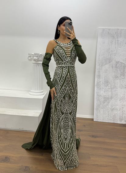 Haki Halter Yaka İncli Abiye Elbise