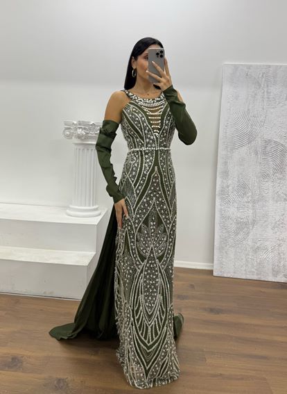 Haki Halter Yaka İncli Abiye Elbise