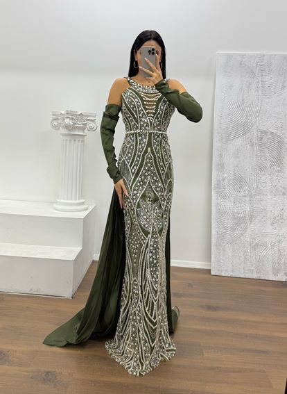 Haki Halter Yaka İncli Abiye Elbise