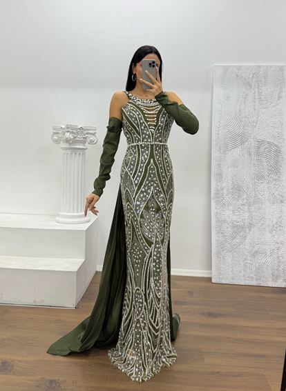 Haki Halter Yaka İncli Abiye Elbise