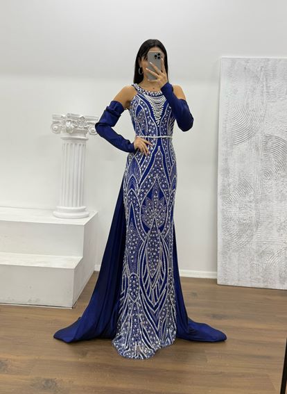 Saks Halter Yaka İncli Abiye Elbise