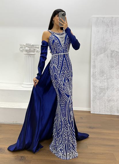 Saks Halter Yaka İncli Abiye Elbise