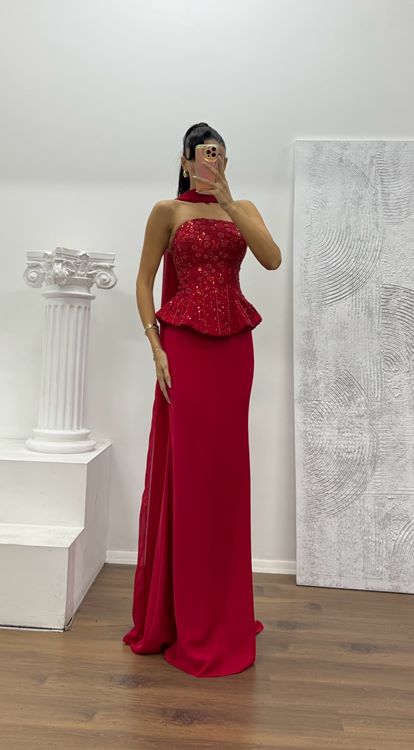 Kırmızı Straplez Abiye Elbise