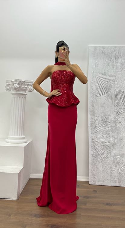 Kırmızı Straplez Abiye Elbise