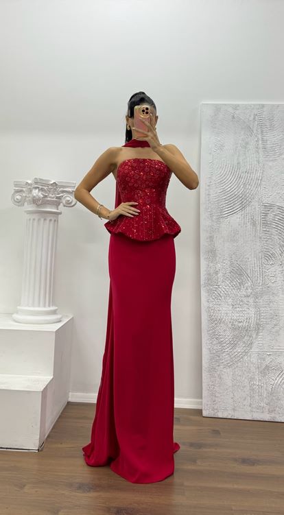 Kırmızı Straplez Abiye Elbise