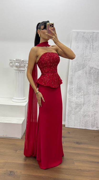 Kırmızı Straplez Abiye Elbise