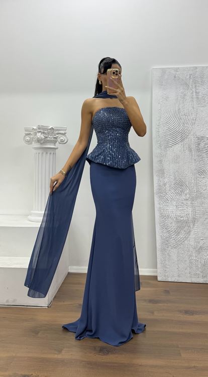 İndigo Straplez Abiye Elbise