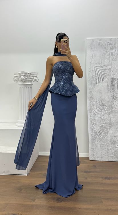 İndigo Straplez Abiye Elbise