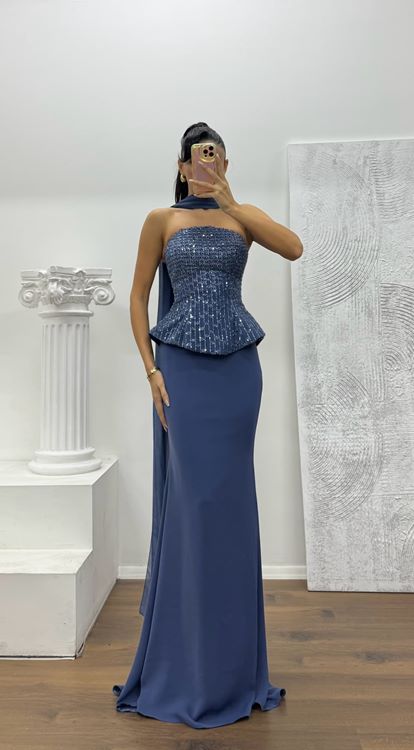 İndigo Straplez Abiye Elbise