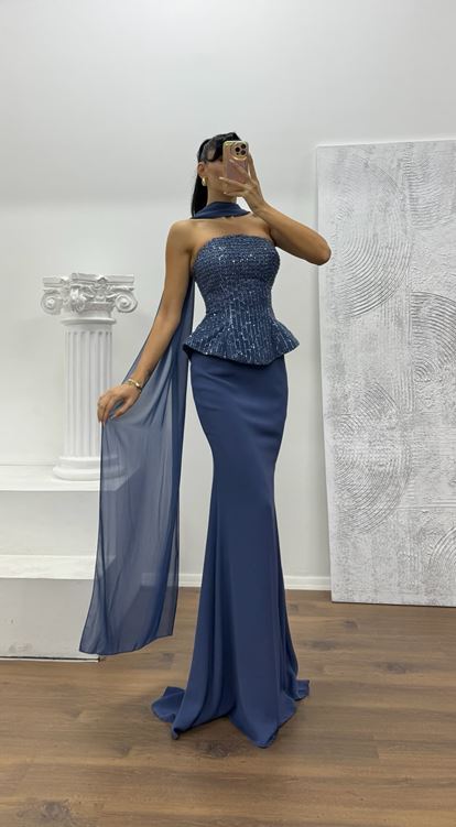 İndigo Straplez Abiye Elbise