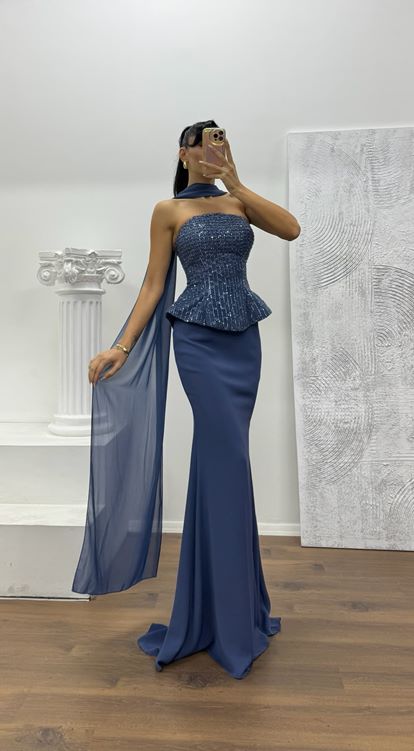 İndigo Straplez Abiye Elbise