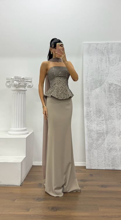 Vizon Straplez Abiye Elbise