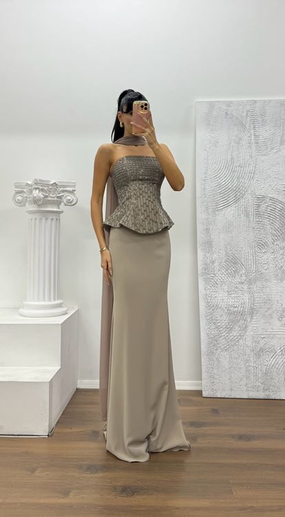 Vizon Straplez Abiye Elbise