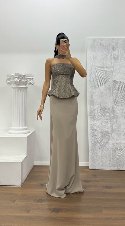 Vizon Straplez Abiye Elbise