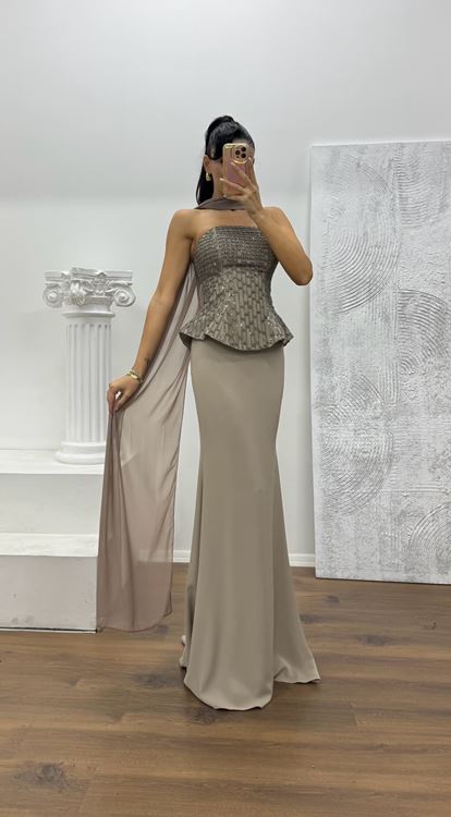 Vizon Straplez Abiye Elbise