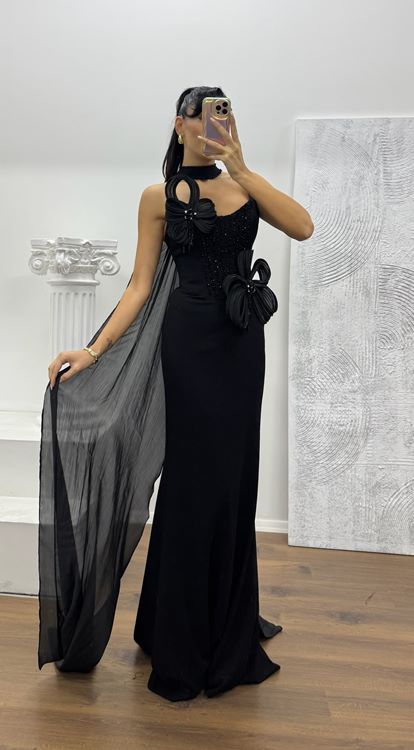 Siyah Straplez Çiçek Aplikeli  Abiye Elbise