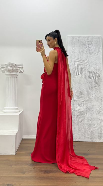 Kırmızı Straplez Çiçek Aplikeli  Abiye Elbise