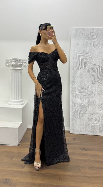 Siyah Bel Transparan Detay Abiye Elbise