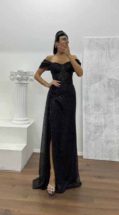 Siyah Bel Transparan Detay Abiye Elbise