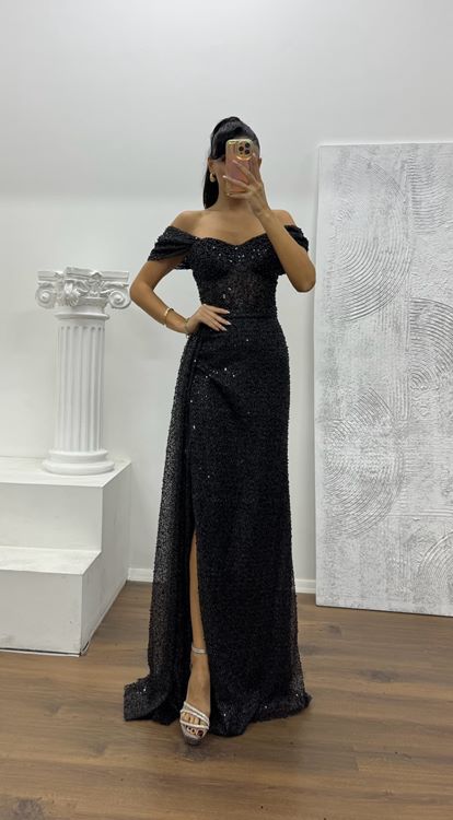 Siyah Bel Transparan Detay Abiye Elbise