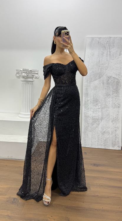 Siyah Bel Transparan Detay Abiye Elbise