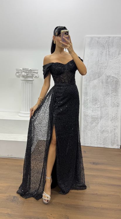 Siyah Bel Transparan Detay Abiye Elbise