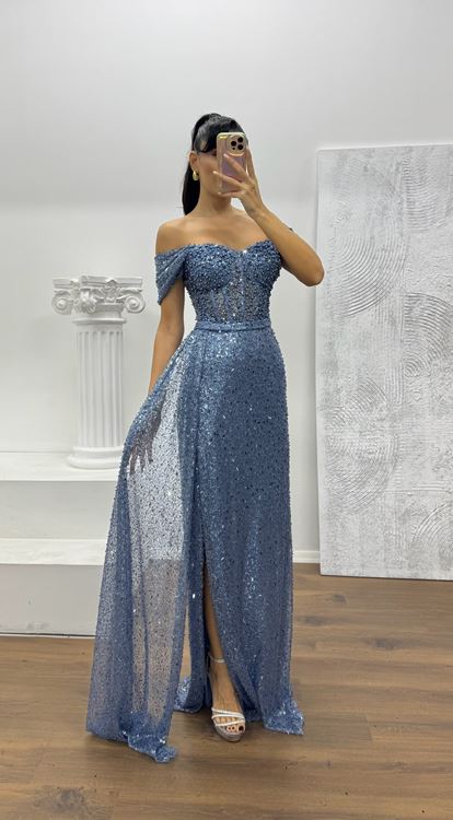 İndigo Bel Transparan Detay Abiye Elbise