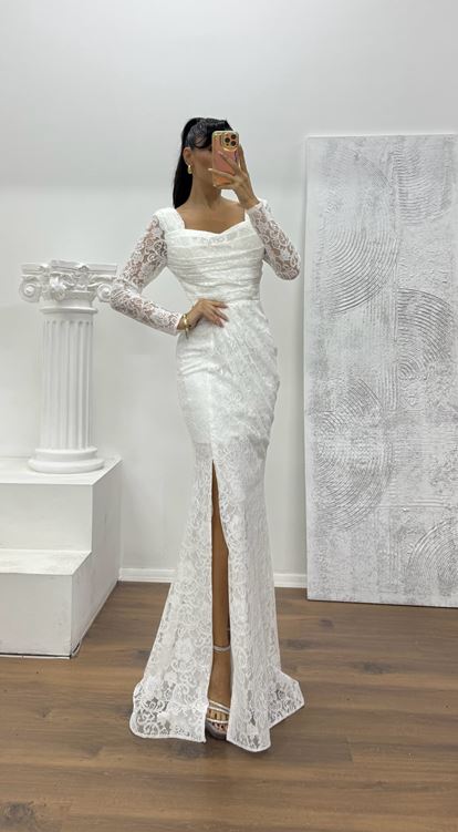 Beyaz Kare Yaka Dantel Abiye Elbise