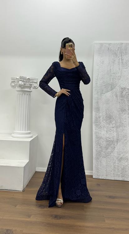 Lacivert Kare Yaka Dantel Abiye Elbise