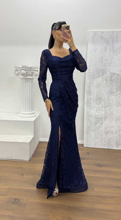 Lacivert Kare Yaka Dantel Abiye Elbise