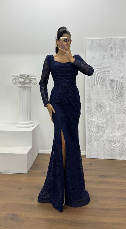 Lacivert Kare Yaka Dantel Abiye Elbise