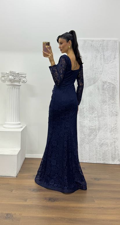 Lacivert Kare Yaka Dantel Abiye Elbise