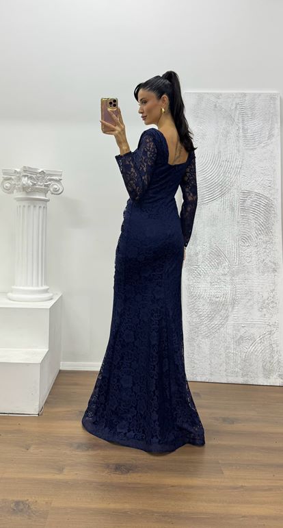 Lacivert Kare Yaka Dantel Abiye Elbise