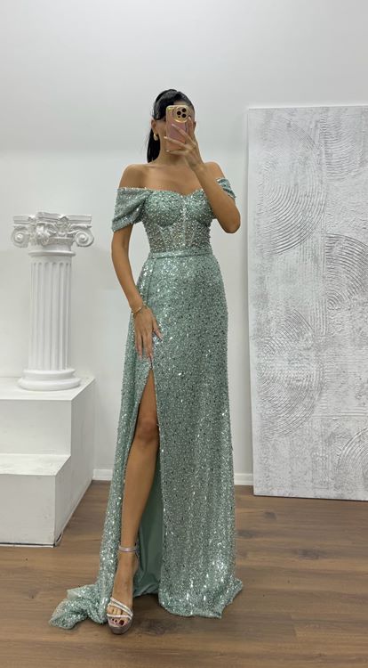 Mint Bel Transparan Detay Abiye Elbise