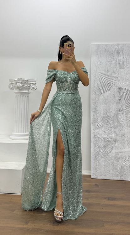 Mint Bel Transparan Detay Abiye Elbise