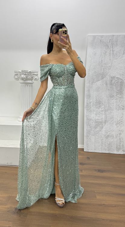 Mint Bel Transparan Detay Abiye Elbise