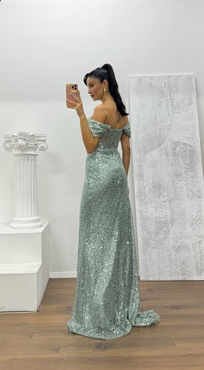 Mint Bel Transparan Detay Abiye Elbise