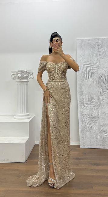 Bej Bel Transparan Detay Abiye Elbise