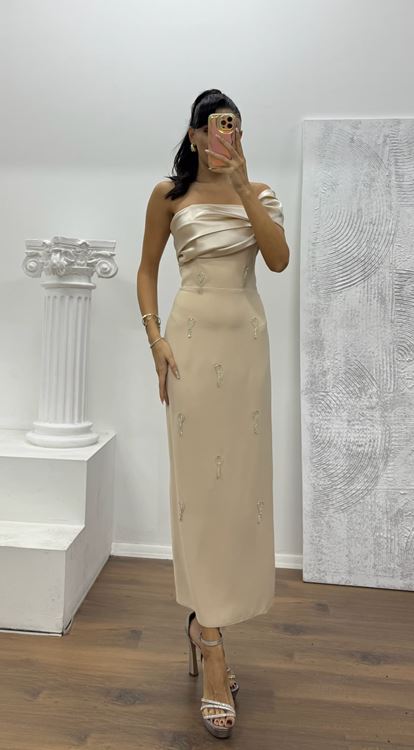 Gold Midi Boy Taş Detay Abiye Elbise
