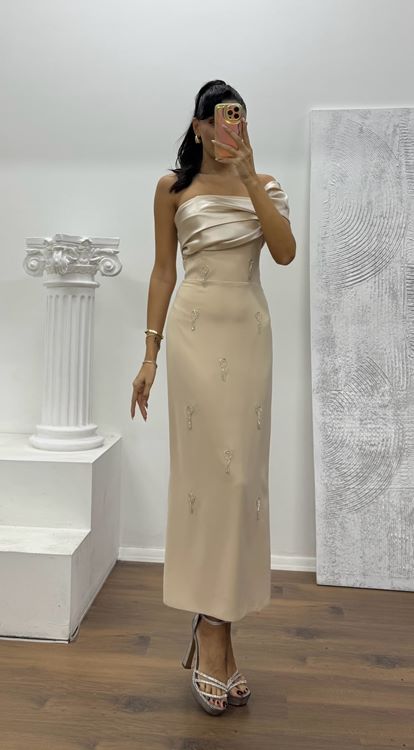 Gold Midi Boy Taş Detay Abiye Elbise