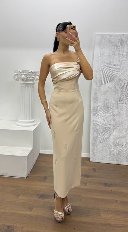 Gold Midi Boy Taş Detay Abiye Elbise