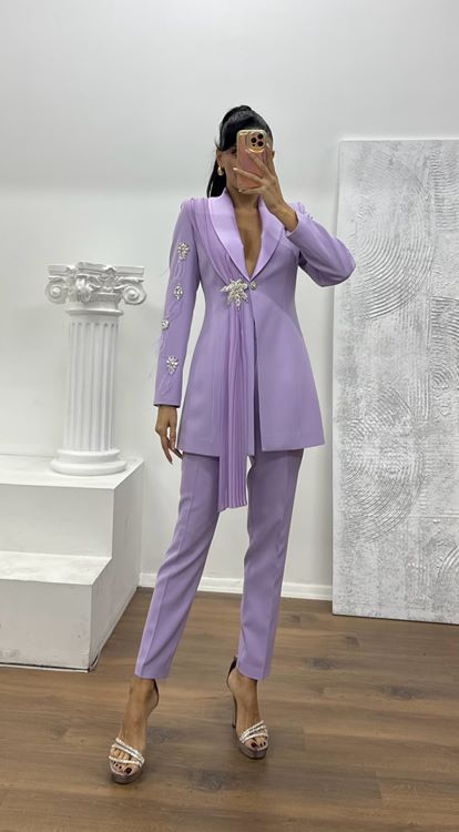 Lila Broş Detaylı Ceket - Pantolon Takım Abiye