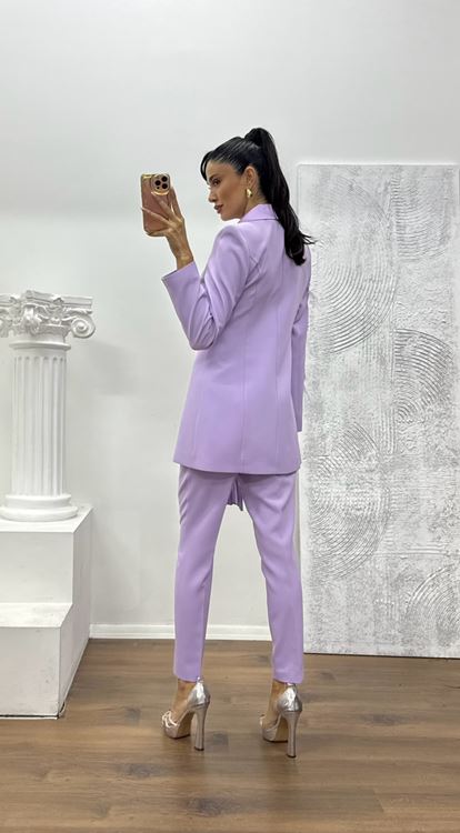 Lila Broş Detaylı Ceket - Pantolon Takım Abiye