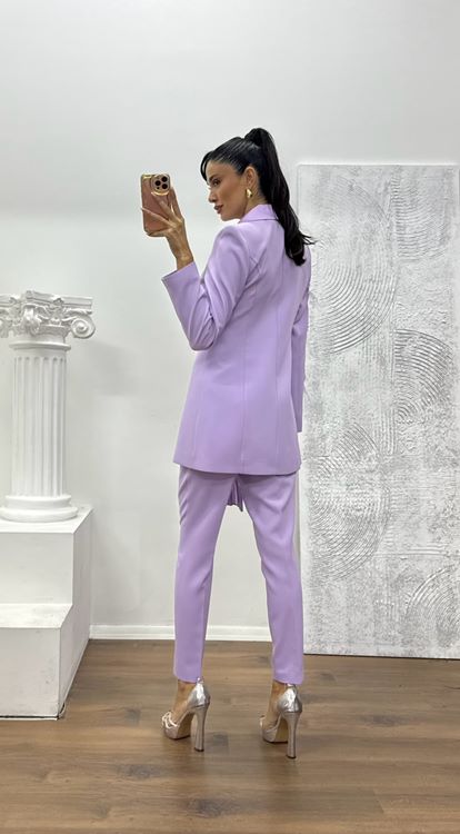 Lila Broş Detaylı Ceket - Pantolon Takım Abiye