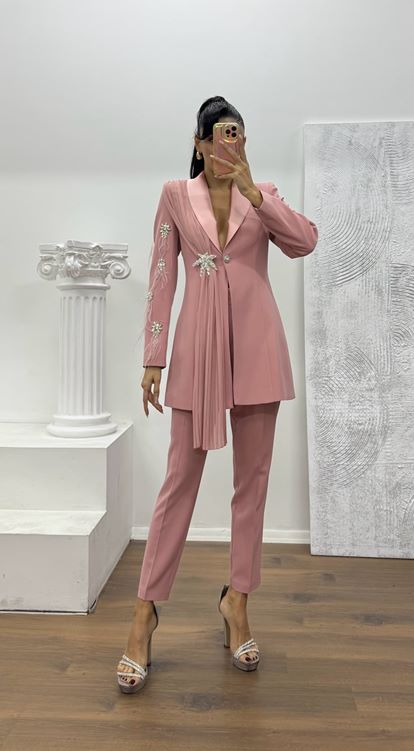 Pudra Broş Detaylı Ceket - Pantolon Takım Abiye