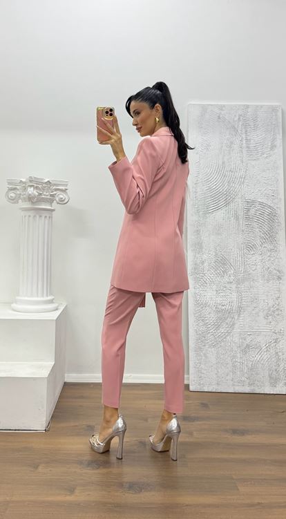 Pudra Broş Detaylı Ceket - Pantolon Takım Abiye