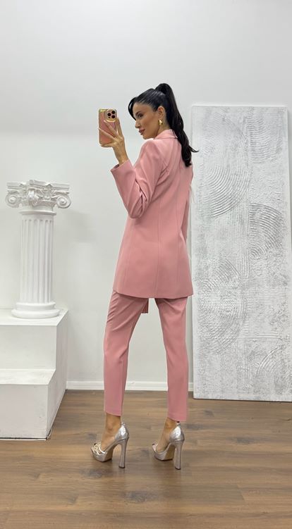 Pudra Broş Detaylı Ceket - Pantolon Takım Abiye