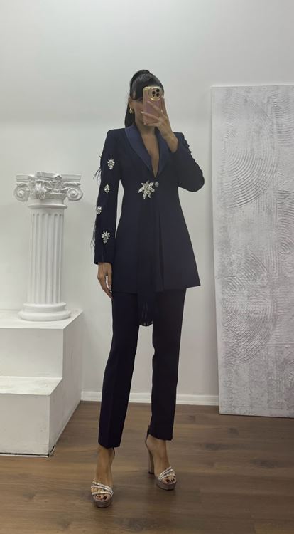 Lacivert Broş Detaylı Ceket - Pantolon Takım Abiye