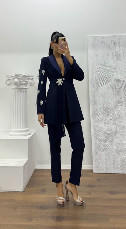 Lacivert Broş Detaylı Ceket - Pantolon Takım Abiye